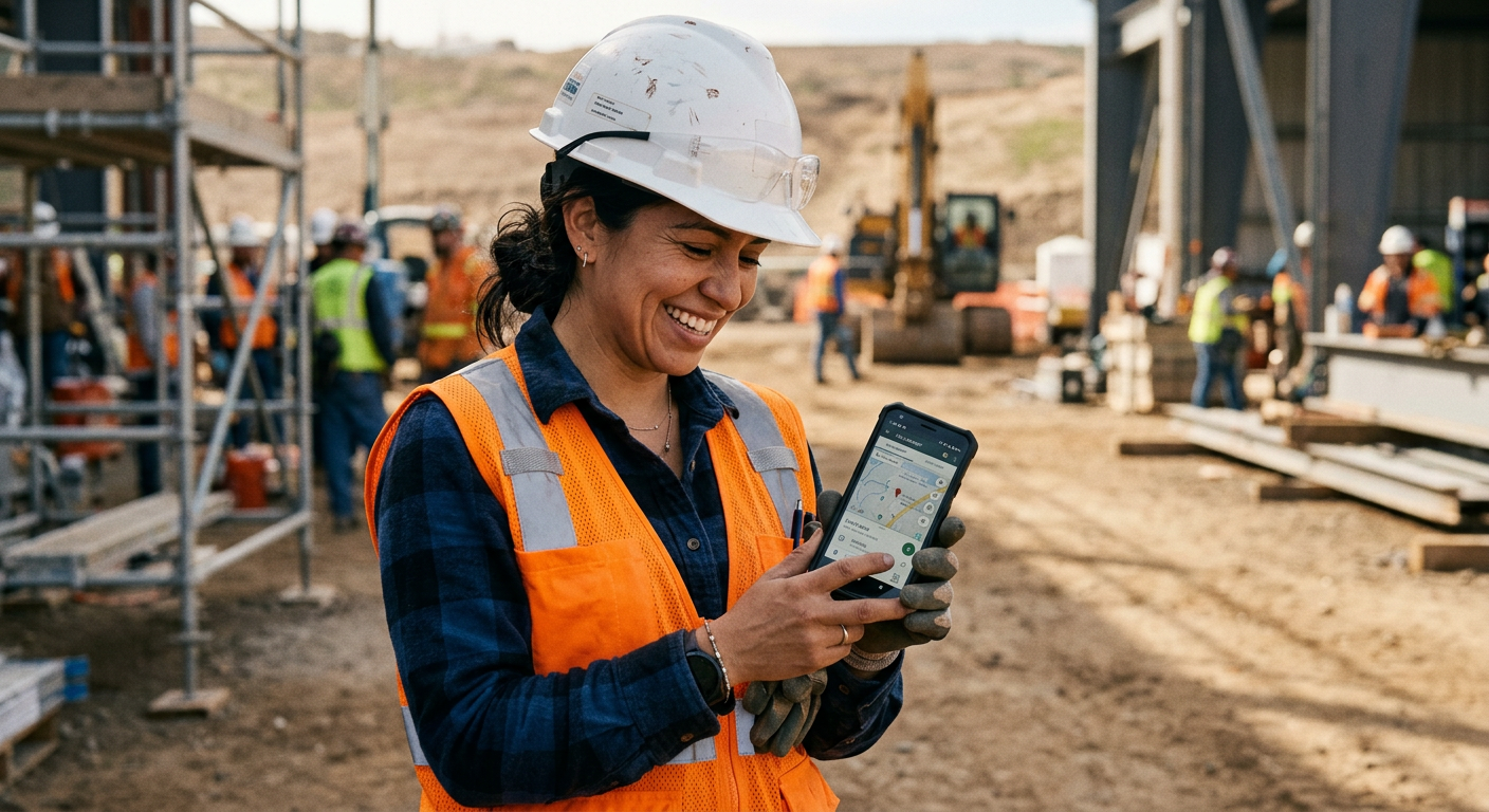 Team member smiling while using mobile app in the field