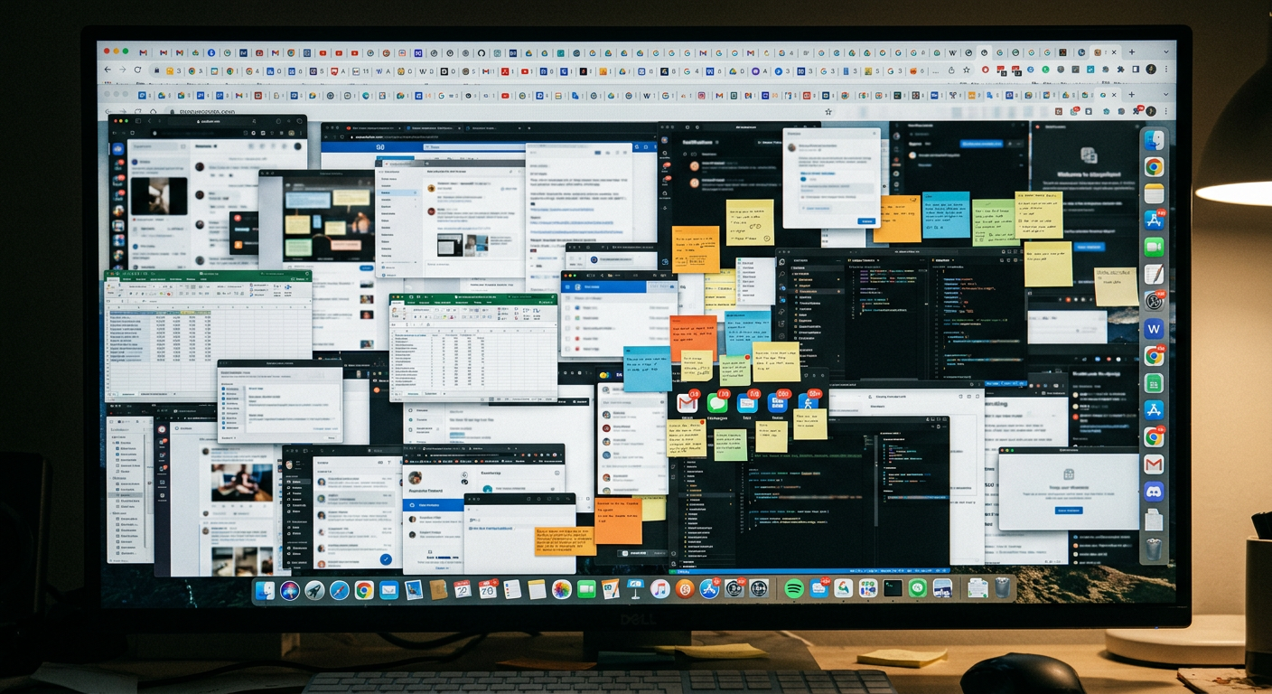 Chaotic screen with too many browser tabs, apps, and notifications