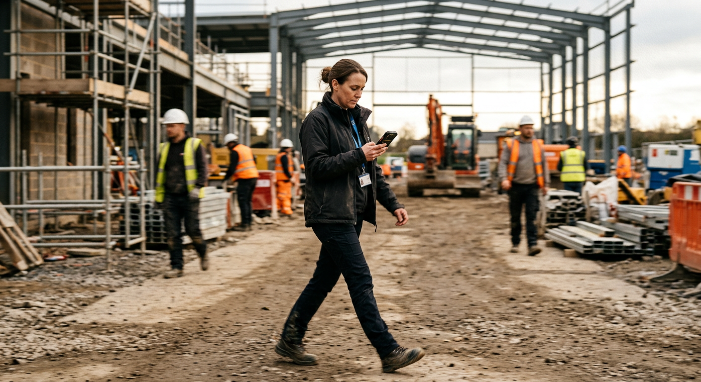 Manager walking through site reviewing real-time data on phone