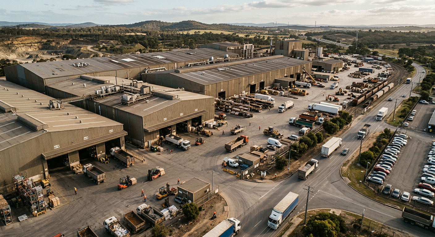 Bird's eye aerial view of a large operational facility with vehicles and workers