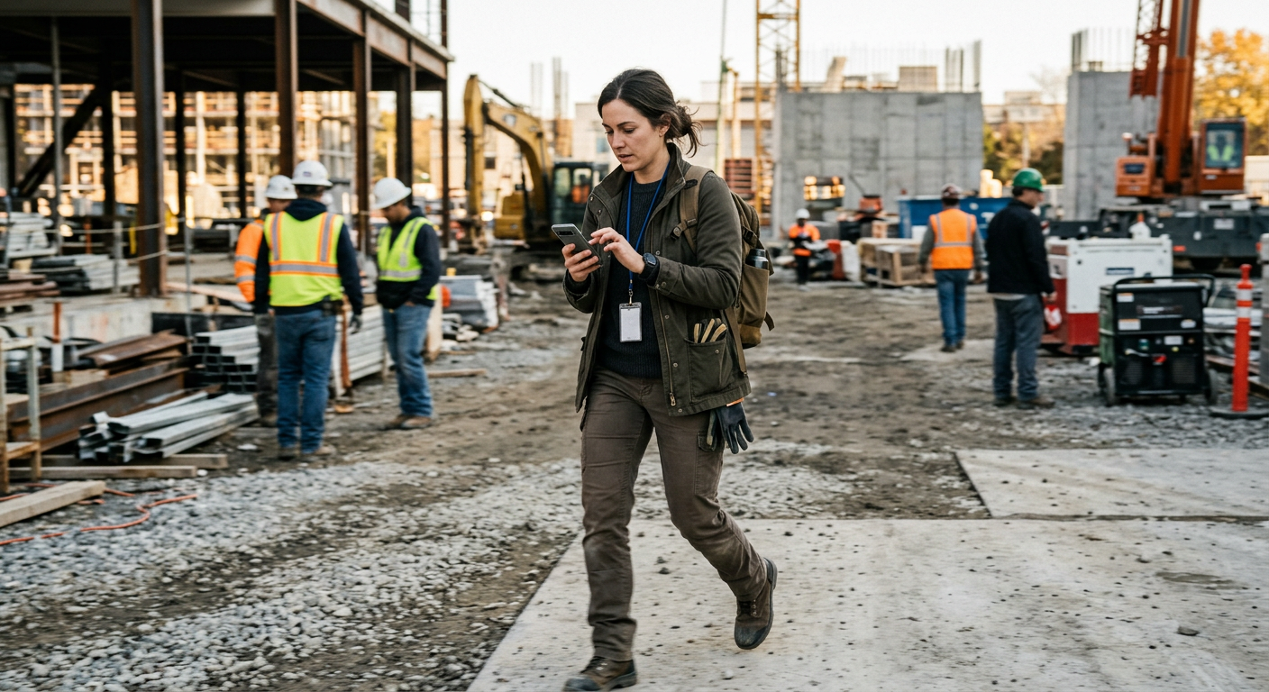 Person quickly assigning tasks on mobile phone while walking at work site