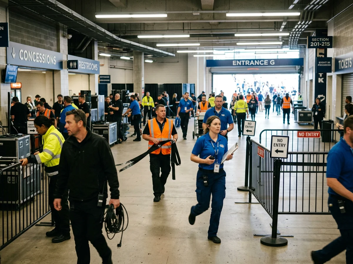 Busy stadium concourse during pre-event preparations