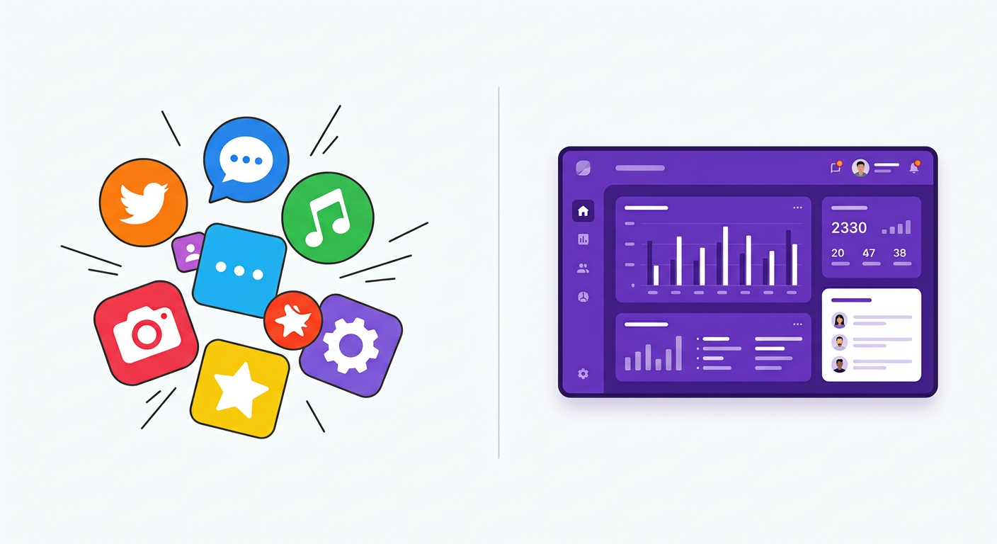 Comparison of scattered app icons versus one unified SWAPP interface